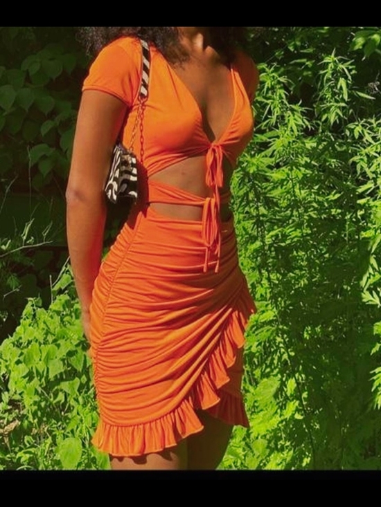 Dresses & Skirts - Tie-Front Orange Ruched Mini Dress with Ruffle Hem